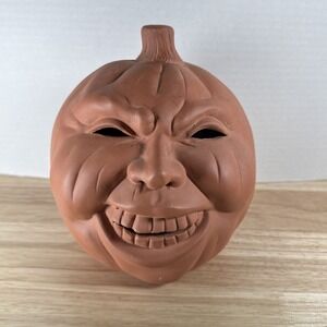 Terra Cotta Clay Jack-o-Lantern Pumpkin Halloween Face Head 6.5" Vintage